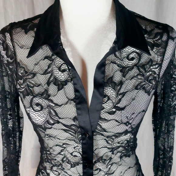 ZARA black lace blouse with satin trim, S, EUC without tags - Picture 6 of 7
